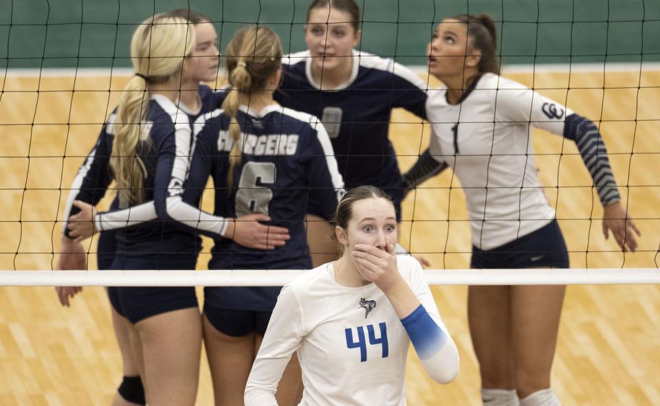 Corner Canyon and Pleasant Grove compete in 6A volleyball state tournament quarterfinals at Utah Valley University in Orem on Thursday, Nov. 2, 2023. | Laura Seitz, Deseret News