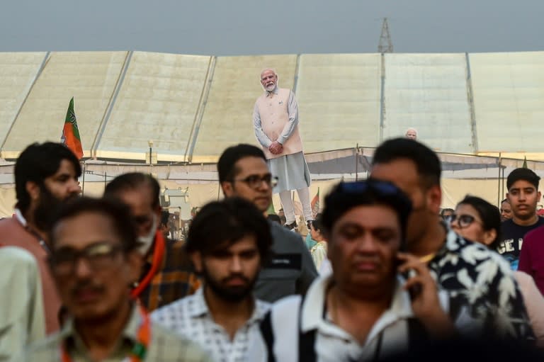 A large cut-out of India's Prime Minister Narendra Modi is pictured during an election campaign rally in Jalandhar on May 24, 2024 (Shammi MEHRA)