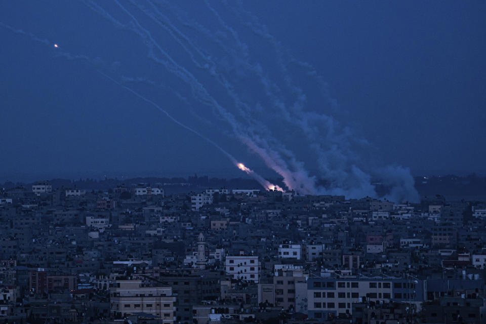 Rockets are launched from the Gaza Strip towards Israel, in Gaza, Wednesday, May 10, 2023. (AP Photo/Fatima Shbair)