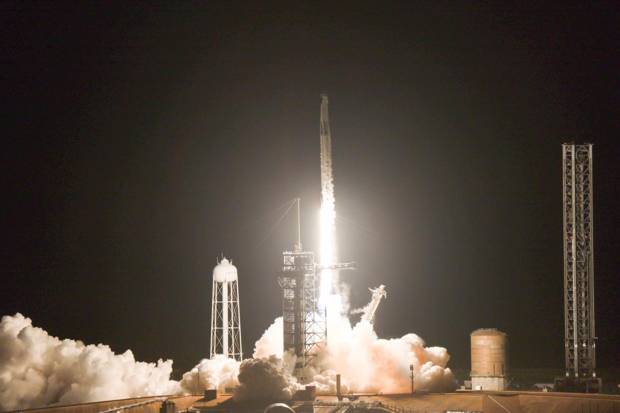 SpaceX's Polaris Dawn Falcon 9 rocket blasts off early Tuesday from Launch Complex 39A of NASA's Kennedy Space Center.