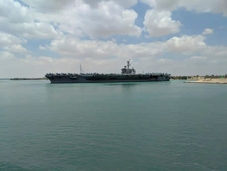 U.S. aircraft carrier the USS Abraham Lincoln is pictured while it travels through the Suez Canal in Egypt May 9, 2019 in this picture obtained from social media. Bud Kinsey/via REUTERS