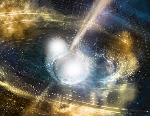 <span class="caption">Artist's illustration of two merging neutron stars.</span> <span class="attribution"><span class="source">National Science Foundation/LIGO/Sonoma State University/A. Simonnet.</span>, <a class="link " href="http://creativecommons.org/licenses/by-sa/4.0/" rel="nofollow noopener" target="_blank" data-ylk="slk:CC BY-SA;elm:context_link;itc:0;sec:content-canvas">CC BY-SA</a></span>