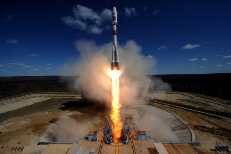 A Russian Soyuz 2.1a rocket carrying Lomonosov, Aist-2D and SamSat-218 satellites lifts off from the new Vostochny cosmodrome outside the city of Uglegorsk, in Russia's far eastern Amur region, on April 28, 2016