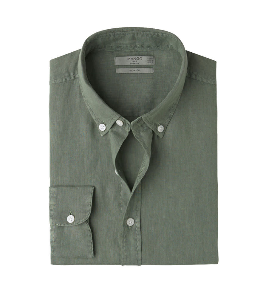 <p>Slim-fit linen shirt in khaki, $60, <a href="http://shop.mango.com/US/p0/men/clothing/shirts/plain/slim-fit-linen-shirt/?id=63007002_37&n=1" rel="nofollow noopener" target="_blank" data-ylk="slk:mango.com;elm:context_link;itc:0;sec:content-canvas" class="link ">mango.com</a></p>
