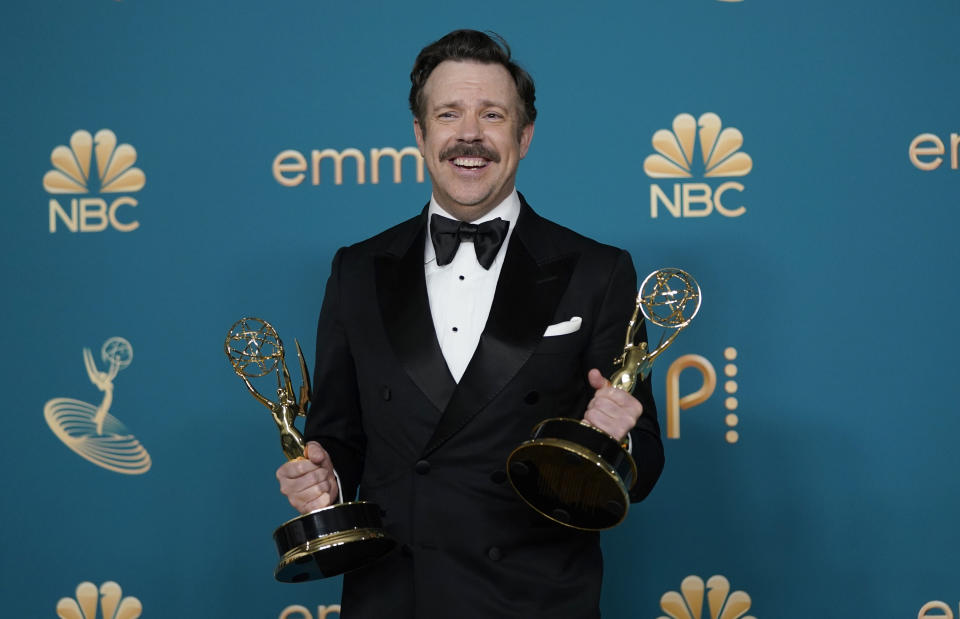Jason Sudeikis, winner of the Emmys for outstanding lead actor in a comedy series and outstanding comedy series for "Ted Lasso" poses in the press room at the 74th Primetime Emmy Awards on Monday, Sept. 12, 2022, at the Microsoft Theater in Los Angeles. (AP Photo/Jae C. Hong)