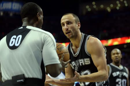 May 6, 2016; Oklahoma City, OK, USA; San Antonio Spurs guard Manu Ginobili (20) reacts to a call in action against the Oklahoma City Thunder during the second quarter in game three of the second round of the NBA Playoffs at Chesapeake Energy Arena. Mandatory Credit: Mark D. Smith-USA TODAY Sports