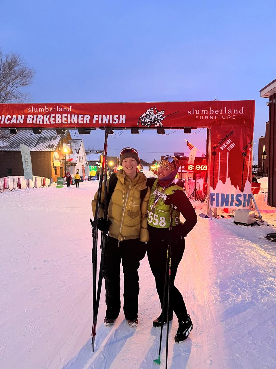 After the 2023 women's classic race of the American Birkebeiner, Amber Glawe (right) was all smiles with her friend, Erica Schwanke (left). Glawe was the last place finisher, but, she said, "it was a really cool experience."