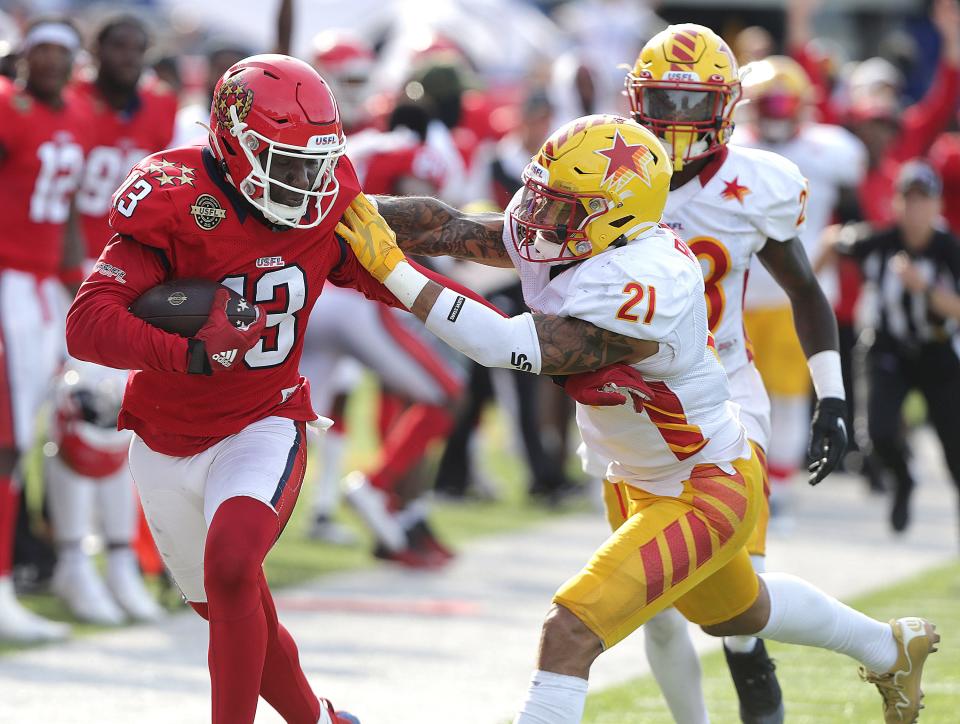 New Jersey General's receiver Alonzo Moore is pushed out of bounds in the fourth quarter by the Philadelphia Stars Cody Brown during their playoff game at Tom Benson Stadium Saturday, June 25, 2022.