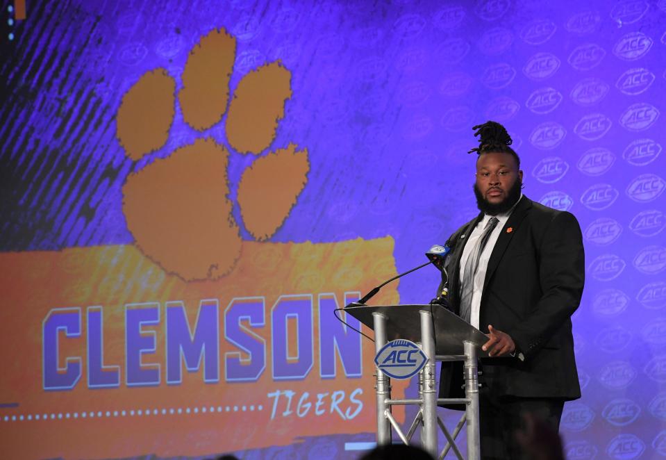 Clemson offensive lineman Jordan McFadden speaks during the ACC Football Kickoff in Charlotte, N.C. Wednesday, July 20, 2022.