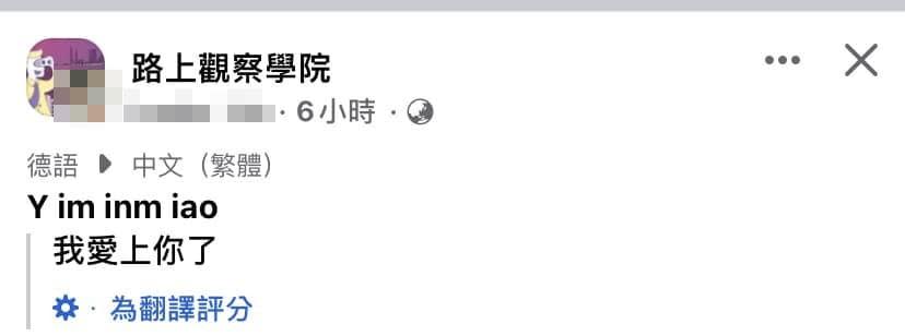 臉書翻譯德文為「我愛上你了」。（圖／翻攝自「路上觀察學院」）