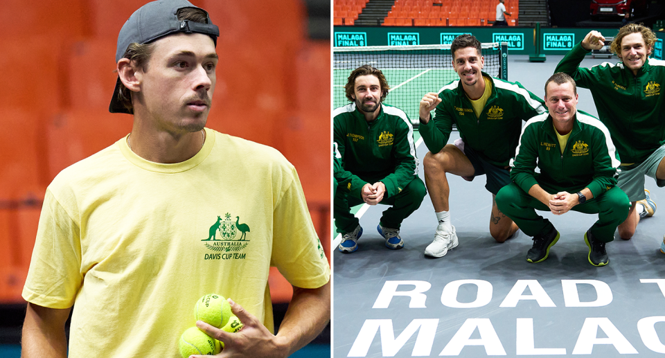 Pictured left Alex de Minaur and right Australia's Davis Cup team