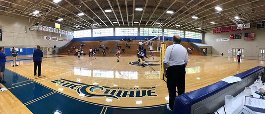 This is the BlueWave volleyball court at Florida State College at Jacksonville's South Campus.