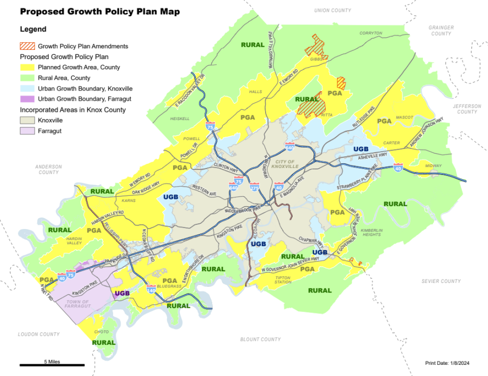 The Proposed Growth Policy Plan Map outlines plans to expand Knox County's Planned Growth Area boundary by 14.5 square miles. The red area outlines Knox County Mayor Glenn Jacobs' amendments to the previous proposed plan.