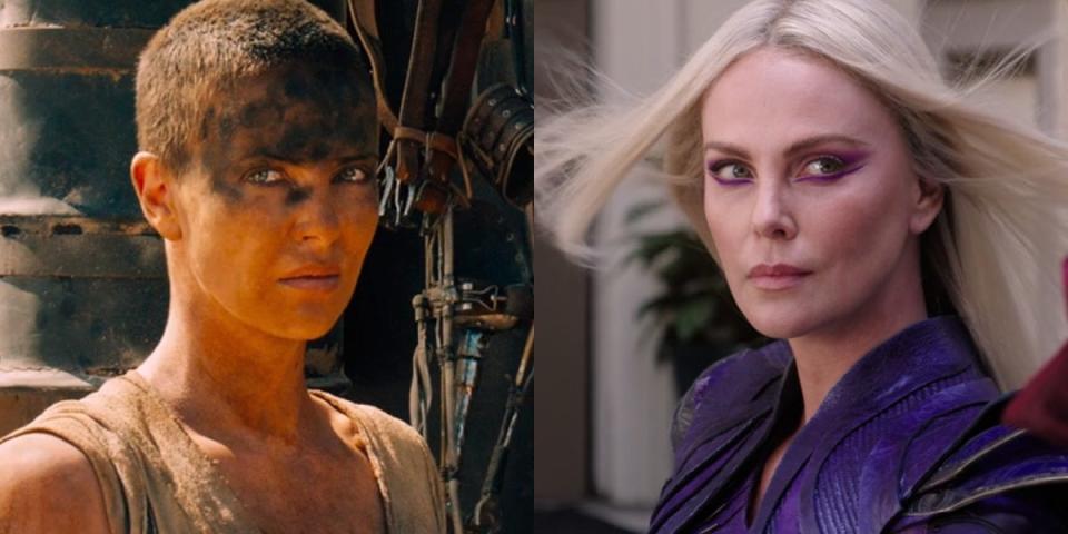 On the left: Charlize Theron as Furiosa in "Mad Max: Fury Road." On the right: Theron as Clea in "Doctor Strange in the Multiverse of Madness."