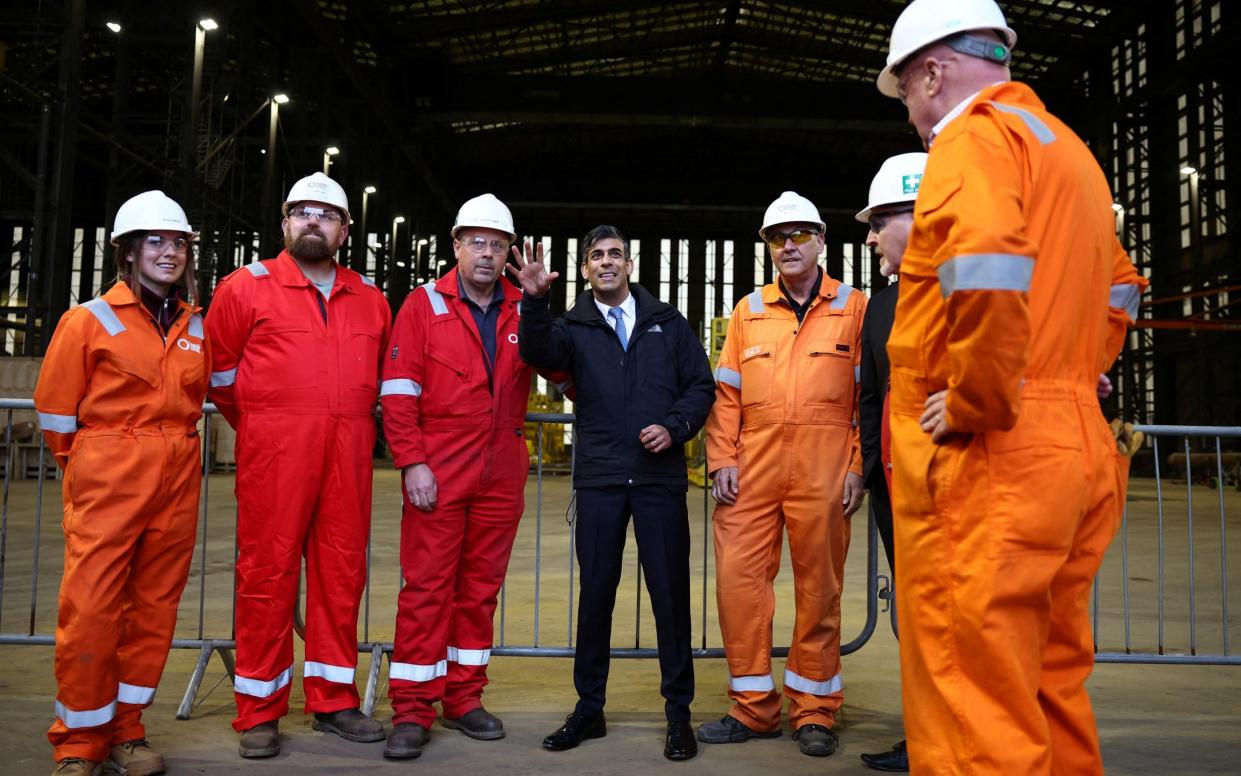 Rishi Sunak meets workers at the Global Energy Group facility at the Port of Nigg, near Inverness