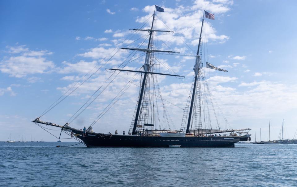 The tall ship Shenandoah sways in waters off Vineyard Haven on a recent sunny morning.