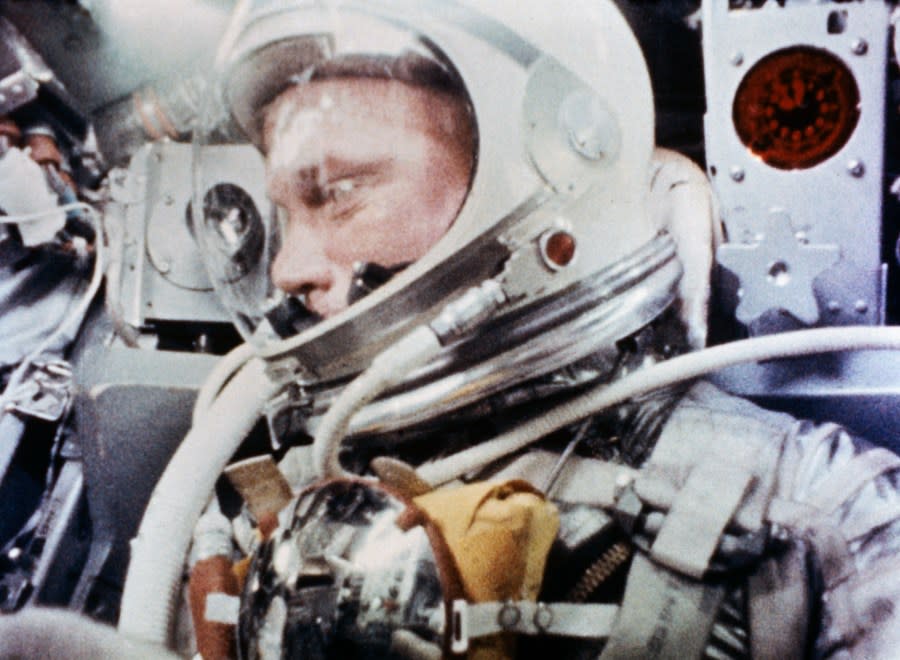 This photograph of John Glenn during the Mercury-Atlas 6 spaceflight was taken by a camera onboard the spacecraft. (NASA)