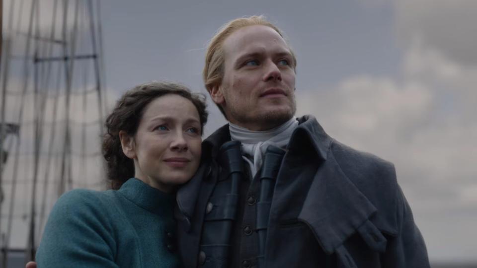 Jamie (Sam Heughan) and Claire (Caitríona Balfe) in "Outlander" season seven, episode eight.