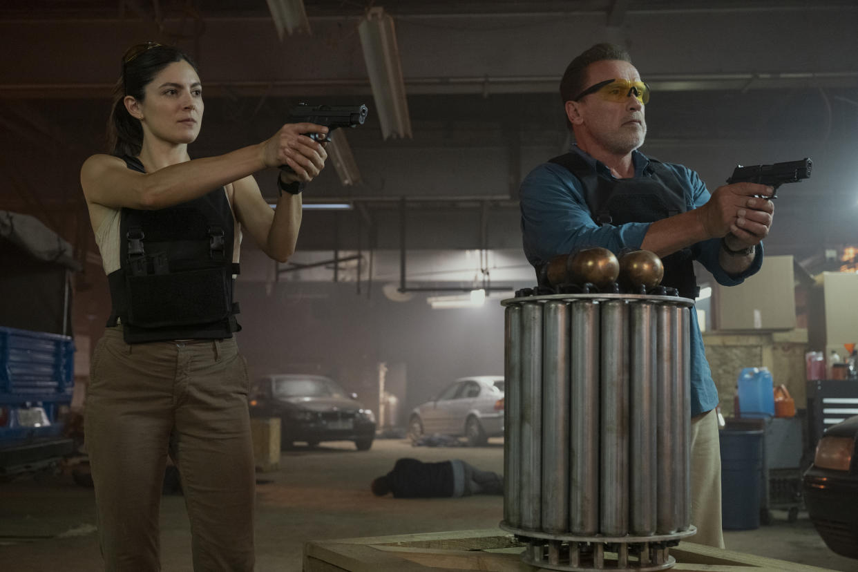 Monica Barbaro and Schwarzenegger as father/daughter CIA agents in Fubar. (Photo: Christos Kalohoridis/Netflix)