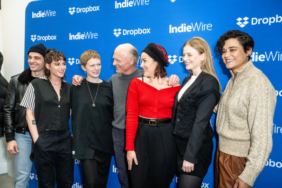 Dave Franco, Kristen Stewart, Rose Glass, Ed Harris, Jena Malone, Anna Baryshnikov and Katy O'Brian at the IndieWire Sundance Studio, Presented by Dropbox held on January 20, 2024 in Park City, Utah. (Photo by Tiffany Burke/IndieWire via Getty Images)
