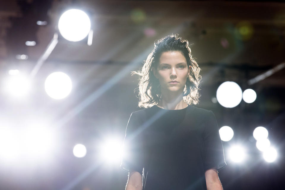 A model walks the runway during a run-through before the Sophie Theallet Spring 2013 collection is modeled during Fashion Week in New York, Tuesday, Sept. 11, 2012. (AP Photo/John Minchillo)