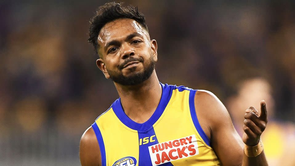 West Coast's Willie Rioli is seen here celebrating during an AFL match.