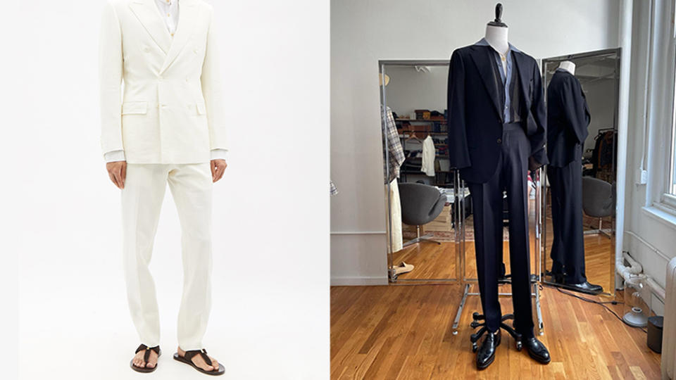 Both Brioni’s linen, wool and silk-blend double-breasted suit and No Man Walks Alone’s exclusive Satoria Carrara suits are designed to keep you cool. - Credit: Matches Fashion, No Man Walks Alone