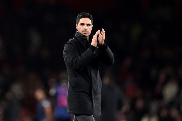 Mikel Arteta applauds the Arsenal fans at full-time 