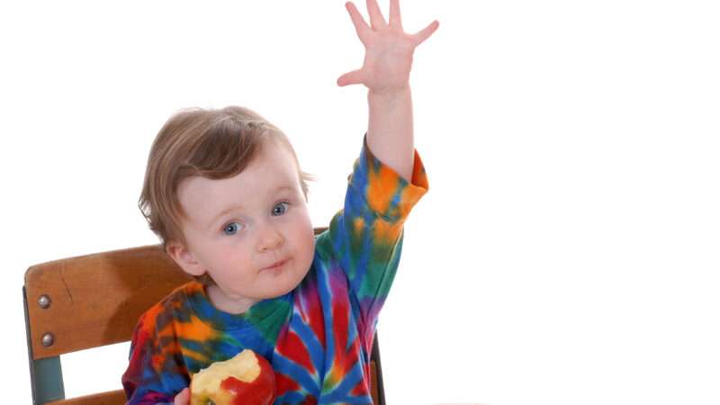 A toddler raises his hand at a school desk.