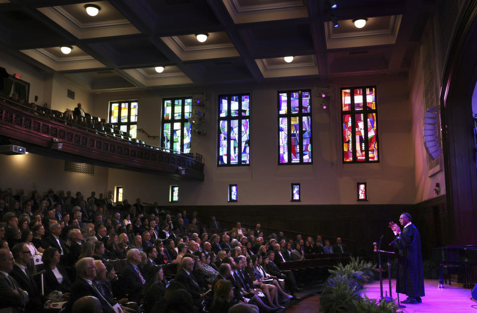 The Rev. Emanuel Cleaver II, of Kansas City, welcomes guests to a memorial service for former U.S. Sen. Jean Carnahan in St. Louis, Saturday, Feb. 10, 2024. Carnahan died in hospice care Jan. 30. (Robert Cohen/St. Louis Post-Dispatch via AP, Pool)