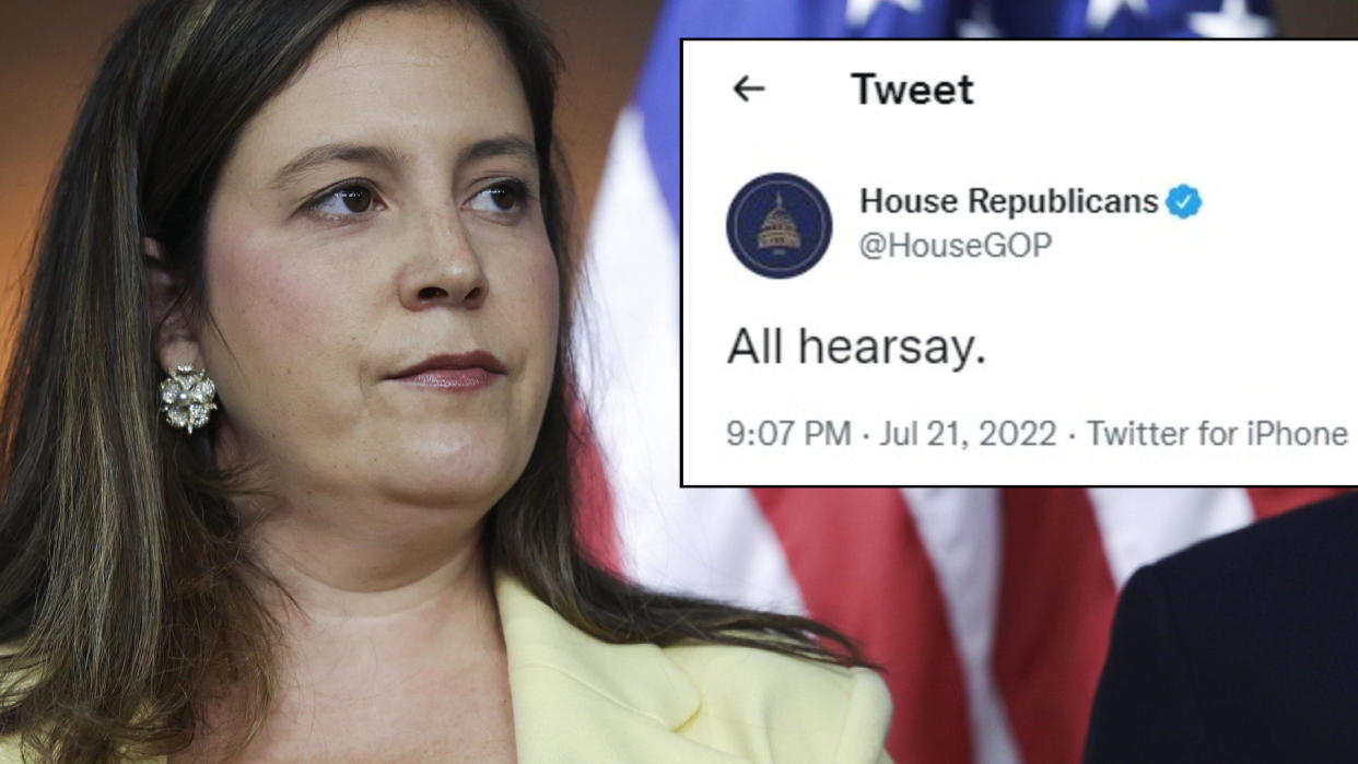 On Thursday New York Rep. Elise Stefanik, the No. 3 House Republican, tweeted an attack on the January 6th hearings, calling the sworn testimony 