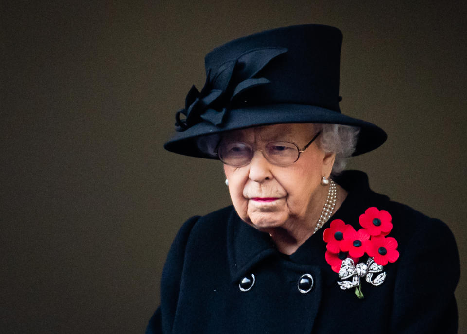 LONDON, ENGLAND - NOVEMBER 08: Queen Elizabeth II attends the National Service of Remembrance at The Cenotaph on November 08, 2020 in London, England. (Photo by Pool/Samir Hussein/WireImage)