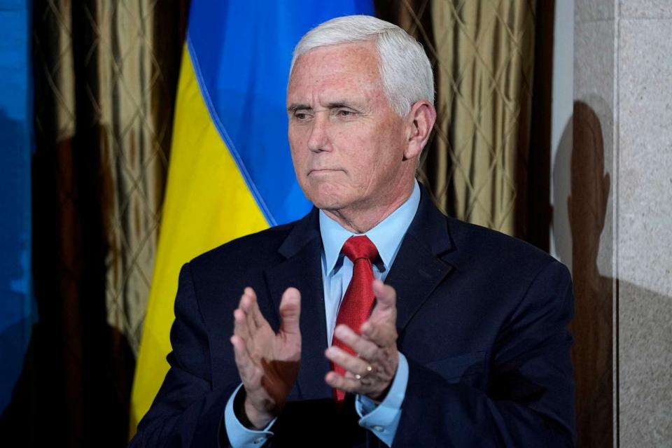 PHOTO: Former Vice President Mike Pence waits to speak about the one-year anniversary of Russia's invasion of Ukraine during a visit to the University of Texas in Austin, Texas, Feb. 24, 2023. (Eric Gay/AP)