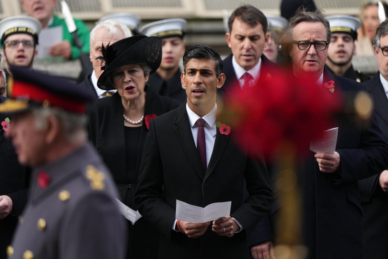 Prime Minister Rishi Sunak and former prime ministers Theresa May (left) and David Cameron (right) during the Remembrance Sunday service at the Cenotaph, in Whitehall, London. Picture date: Sunday November 13, 2022. (Photo by Yui Mok/PA Images via Getty Images)