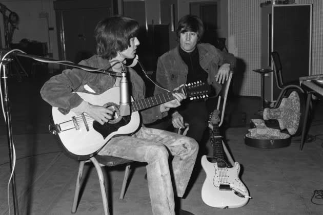 George Harrison playing John Lennon's lost Framus 12-string Hootenanny guitar. - Credit: Julien's Auctions, Beatles archival photos: Beatles Photo Library