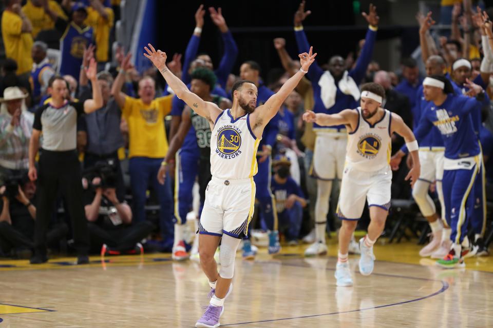 Golden State Warriors guard Stephen Curry (30) and guard Klay Thompson (11) during Game 5 of basketball's NBA Finals against the Boston Celtics.