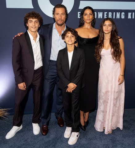 <p>Rick Kern/Getty Images</p> From Left: Levi McConaughey, Matthew McConaughey, Livingston McConaughey, Camila Alves McConaughey, and Vida McConaughey