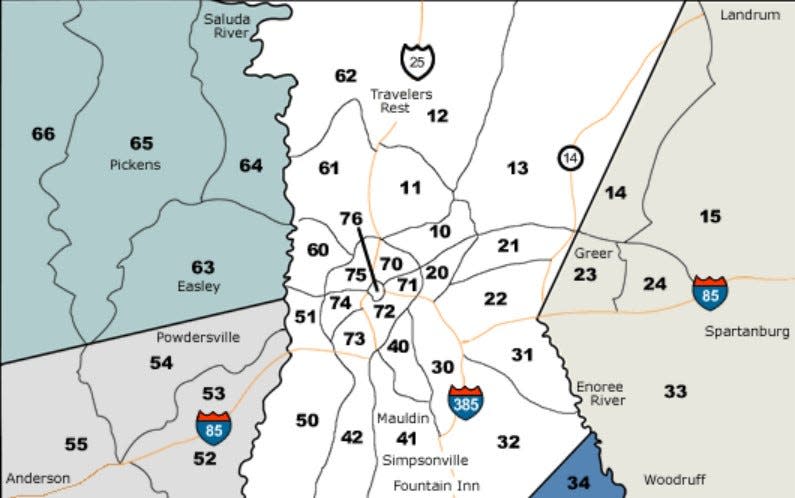 A map showing the different areas of Greenville that real estate agents use when compiling data.