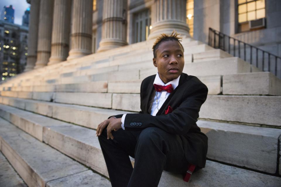 Latune, a teen&nbsp;who has been through the juvenile justice system in New York speaks with reporters at the Exalt office in Brooklyn on Dec. 1, 2016.&nbsp;