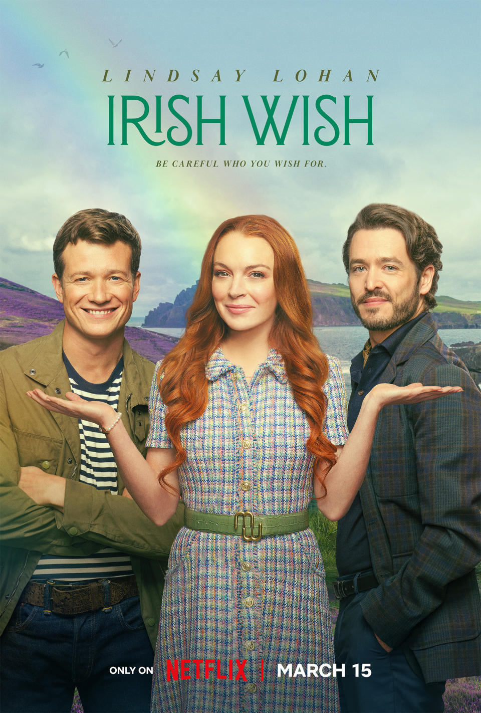 Movie poster for "Irish Wish" showing three smiling actors, with text announcing its Netflix release on March 15