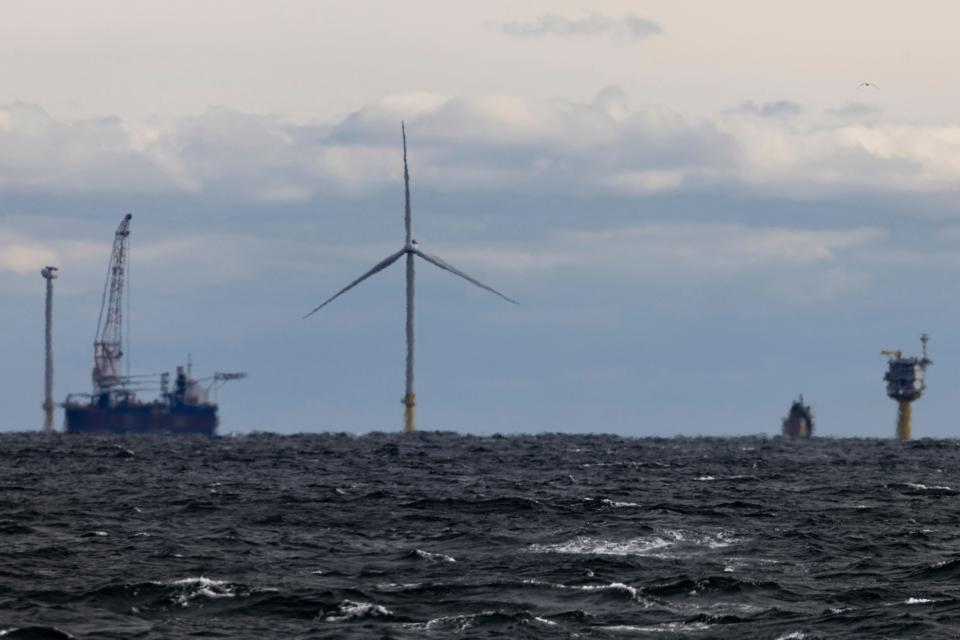 The first operating South Fork Wind farm turbine, is seen Thursday, Dec. 7, 2023, 35 miles east of Montauk Point, N.Y. The federal government said Friday, March 15, 2024, it’s moving forward with developing a large area of ocean off New England for offshore wind.