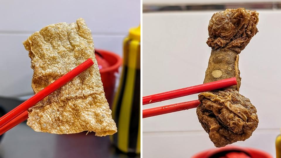 Fried beancurd ('fu chuk') skin (left). My favourite variety here, which I can’t find elsewhere (right).