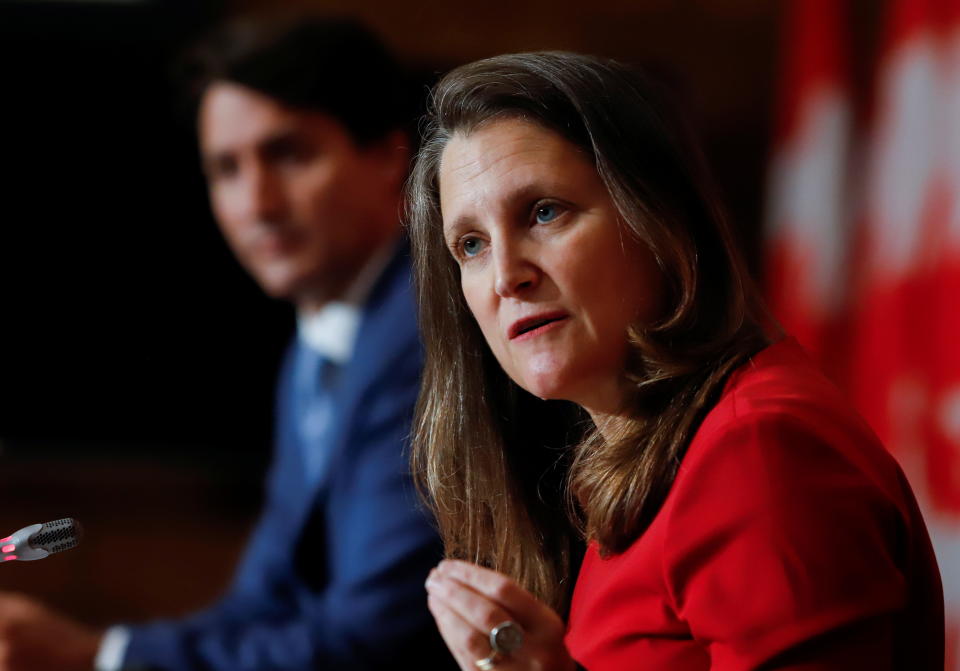 Canada's Deputy Prime Minister and Minister of Finance Chrystia Freeland, and Canada's Prime Minister Justin Trudeau speak at a news conference in Ottawa, Ontario, Canada, October 6, 2021. REUTERS/Patrick Doyle