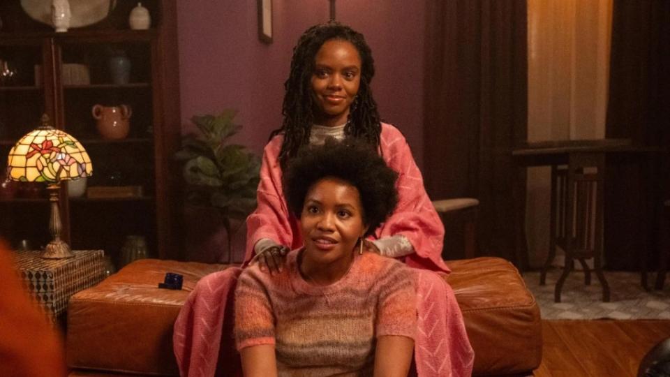 From bottom to top: Nella (Sinclair Daniel) and Hazel (Ashleigh Murray) in “The Other Black Girl” (Photo by: Wilford Harwood/Hulu)