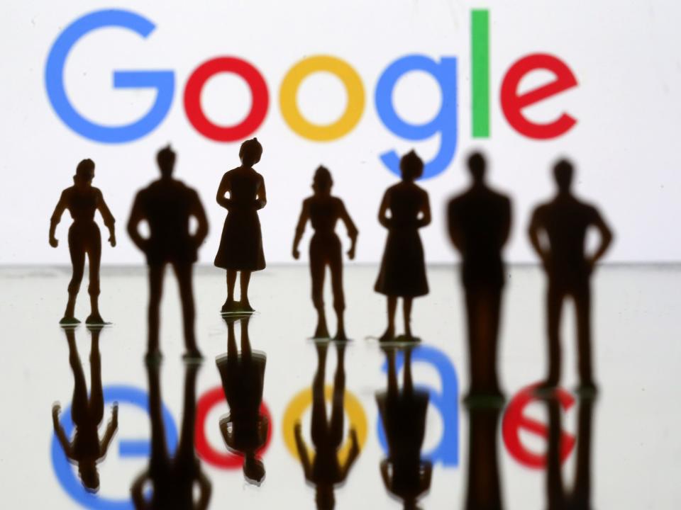 FILE PHOTO: Small toy figures are seen in front of Google logo in this illustration picture, April 8, 2019. REUTERS/Dado Ruvic/Illustration