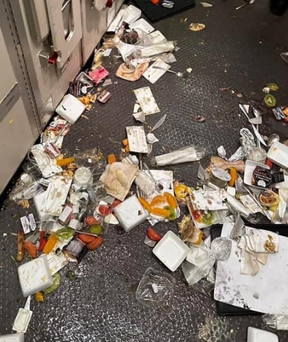Food and debris pictured on the floor of the cabin in the aftermath of the incident (Supplied)
