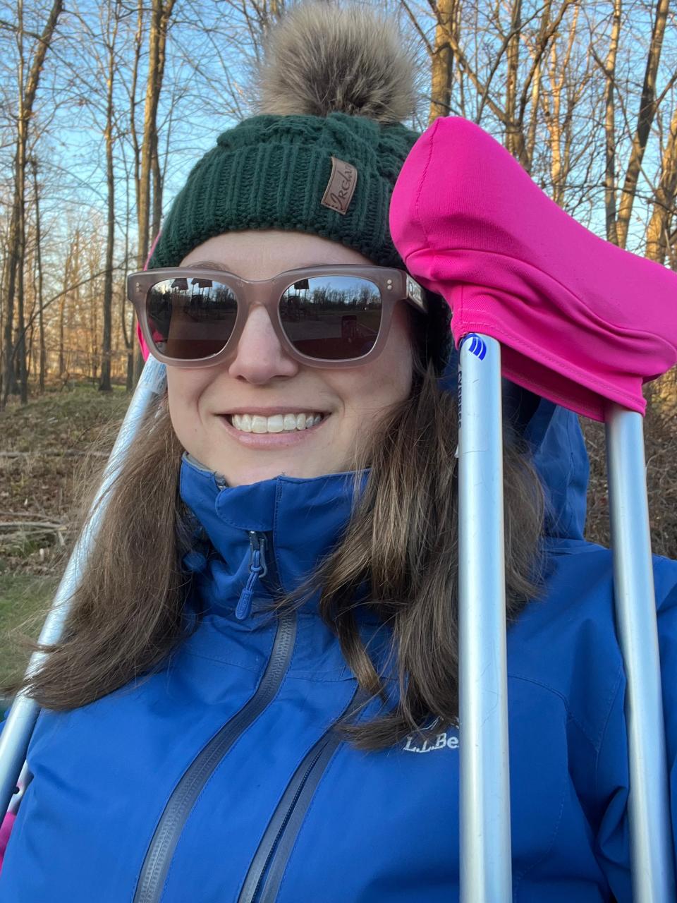 Reporter Jennifer Pignolet on a short walk with crutches following surgery to correct hip dysplasia last fall.