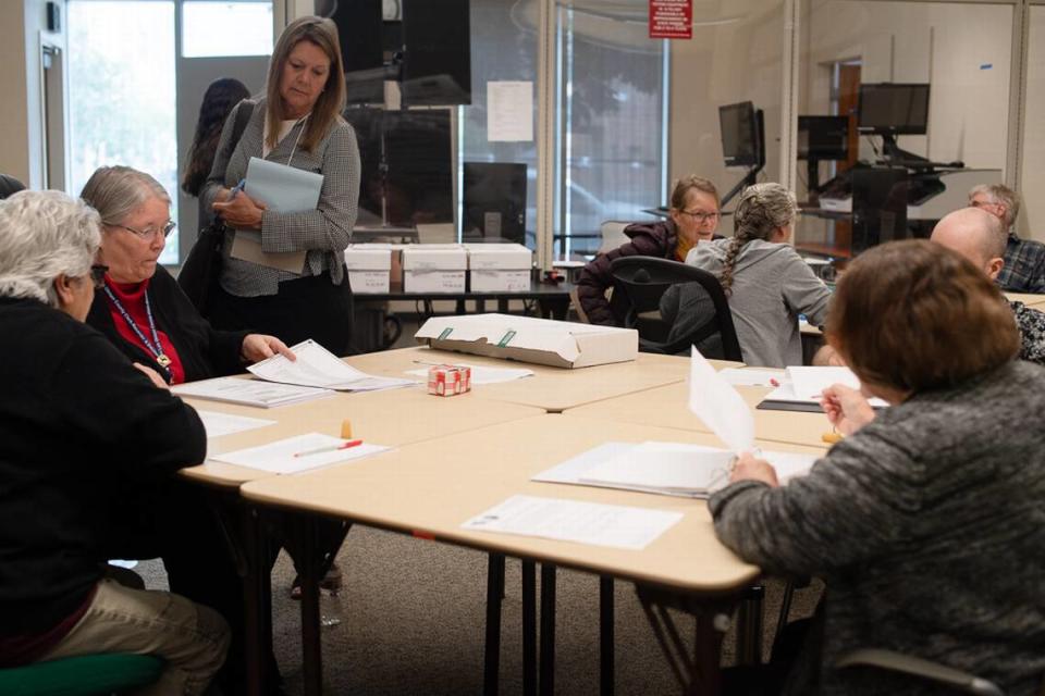 San Miguel resident Darcia Stebbens observes the staff count ballots at the San Luis Obispo County Elections Office in March 2024. Erin Clausen