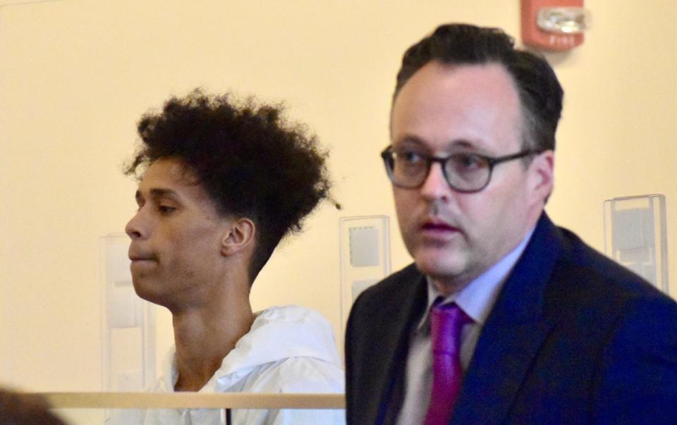 Giovanni Nunes, of Fall River, left, seen with his attorney Scott Bradley, was charged in Fall River District Court on Monday, March 19, 2024 with accessory to murder-after the fact in the fatal shooting of Colus Jamal Mills-Good in Fall River on Thursday, March 14.