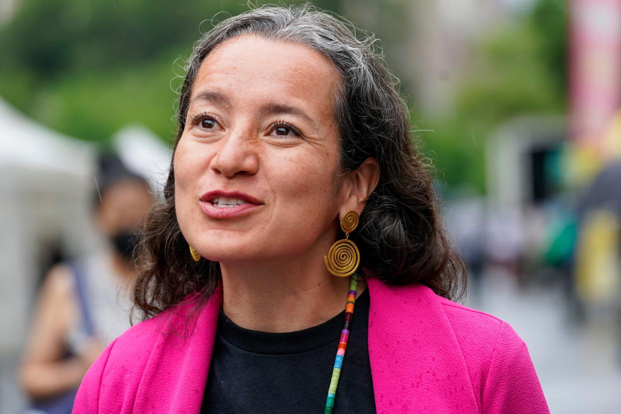 Activist and candidate for the Democratic nomination for lieutenant governor, Ana Maria Archila speaks to New Yorkers while canvasing in Union Square, Monday, June 27, 2022, in New York.